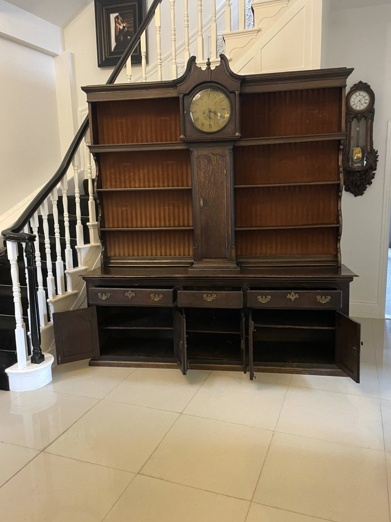Rare 18th Century Large Antique George III Quality Oak Dresser with Rack and Longcase Clock - Image 10